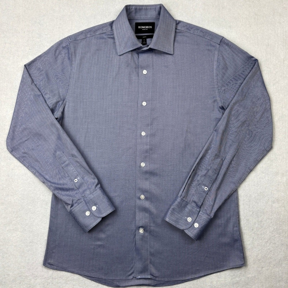 Bonobos Dress Shirt Mens Small Regular Blue Herringbone Wrinkle Free Slim Fit